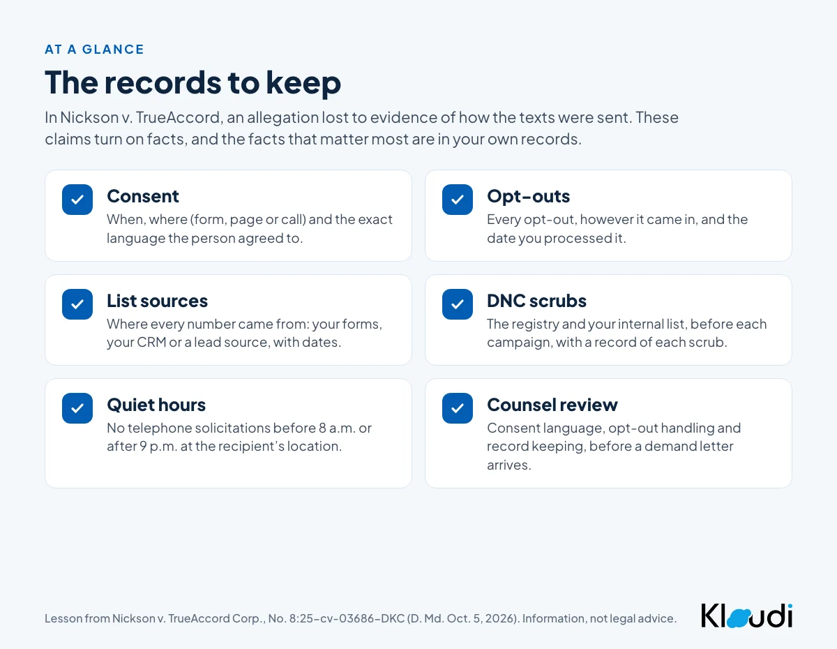 The records to keep, from the lesson of Nickson v. TrueAccord: consent (when, where and the exact language), every opt-out with the date processed, where every number came from, DNC scrubs before each campaign, quiet hours by the recipient's location, and counsel review before a demand letter arrives.